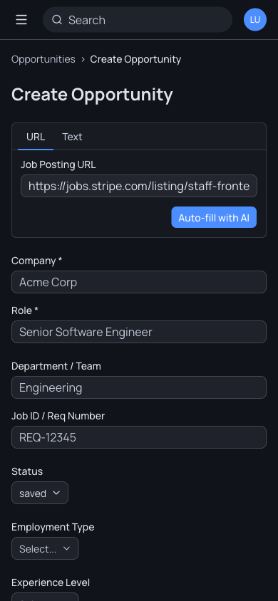 The NextOpp Capture form with a pasted job URL ready to auto-fill